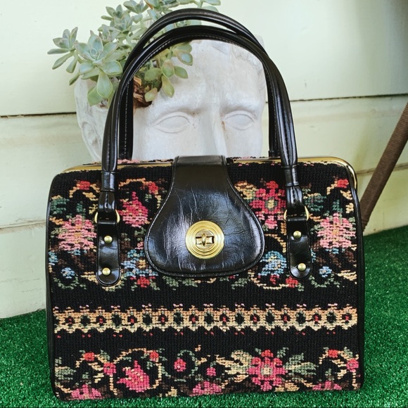 Vintage Handbags - Vintage 60s Mod LRG Floral Carpet Tapestry Handbag